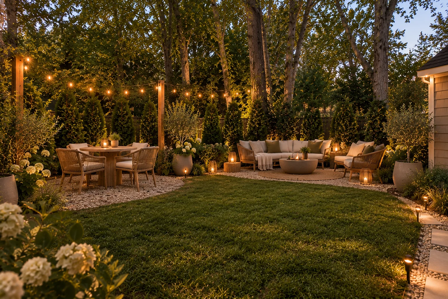 The garden with lanterns and seating